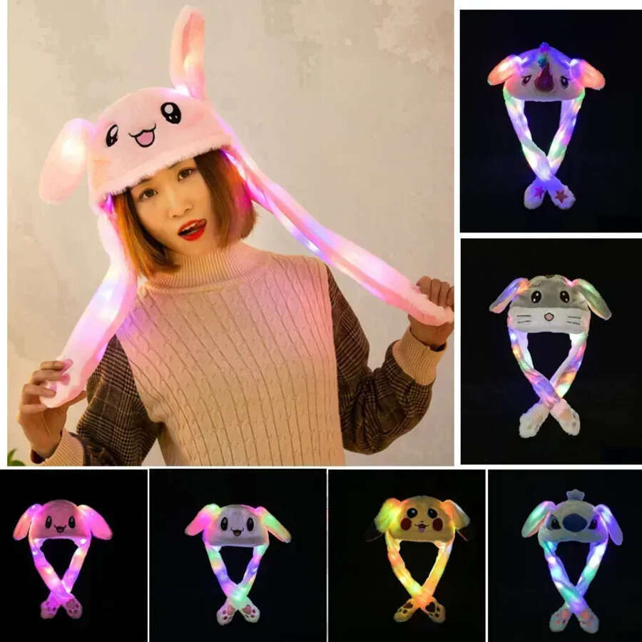 LED Light Up Plush Rabbit Funny Glowing And Ear Moving Bunny Cap For Women Girls Cosplay Christmas Party Holiday Hat G1113