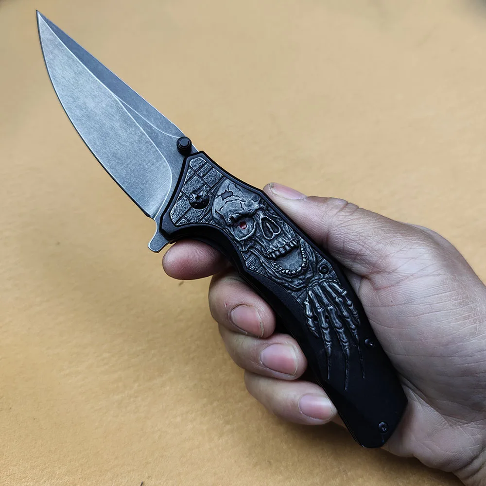 Tactical Survival Collection Skull Engrave Fold Blade Knife, Defensed Pocket Knife Protable Lightweight Punk Utility Knifes