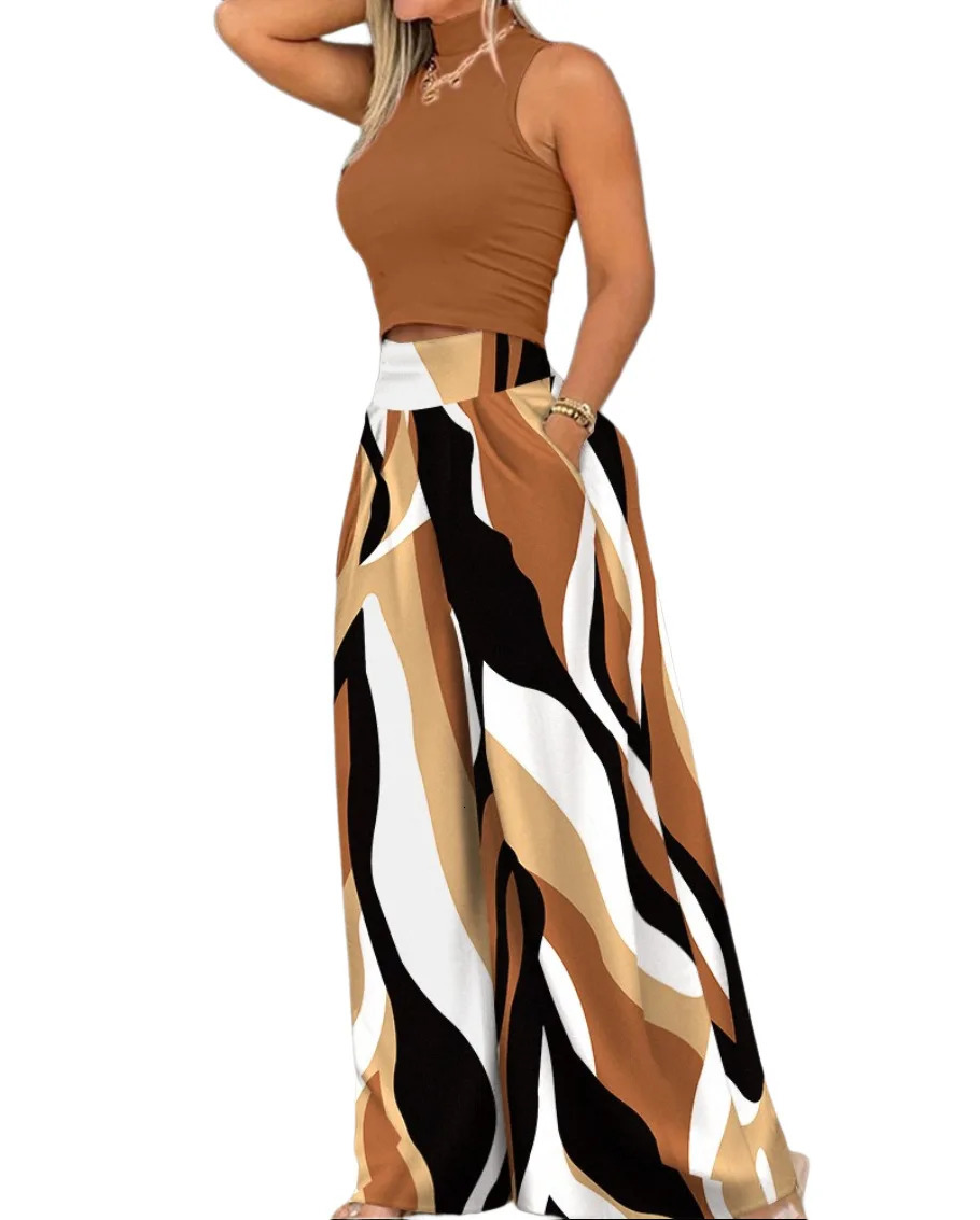 Plus size printed two-piece set for womens casual solid sleeveless vest wide leg pants two-piece set for fashion clothing 241025