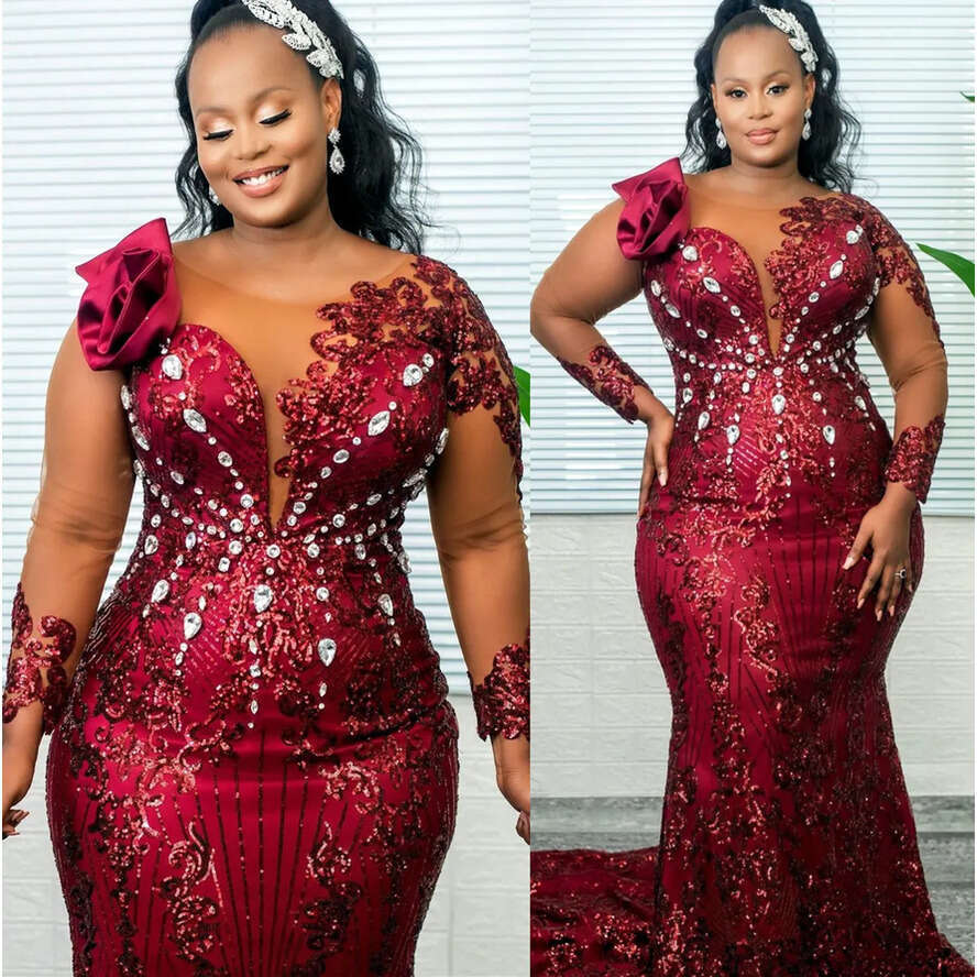 Arabic Plus Size Aso Ebi Bury Urious Mermaid Prom Dresses Crystals Sheer Neck Evening Formal Party Second Reception Birthday Engagement Gowns Dress