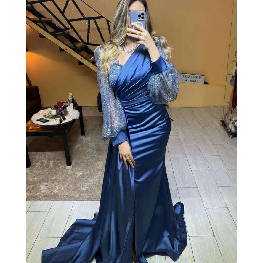 Dresses Navy Evening Party Sexy Women V Neck Long Sleeve Mermaid Satin Arab Fashion Celebrity Gowns Robe De 0218