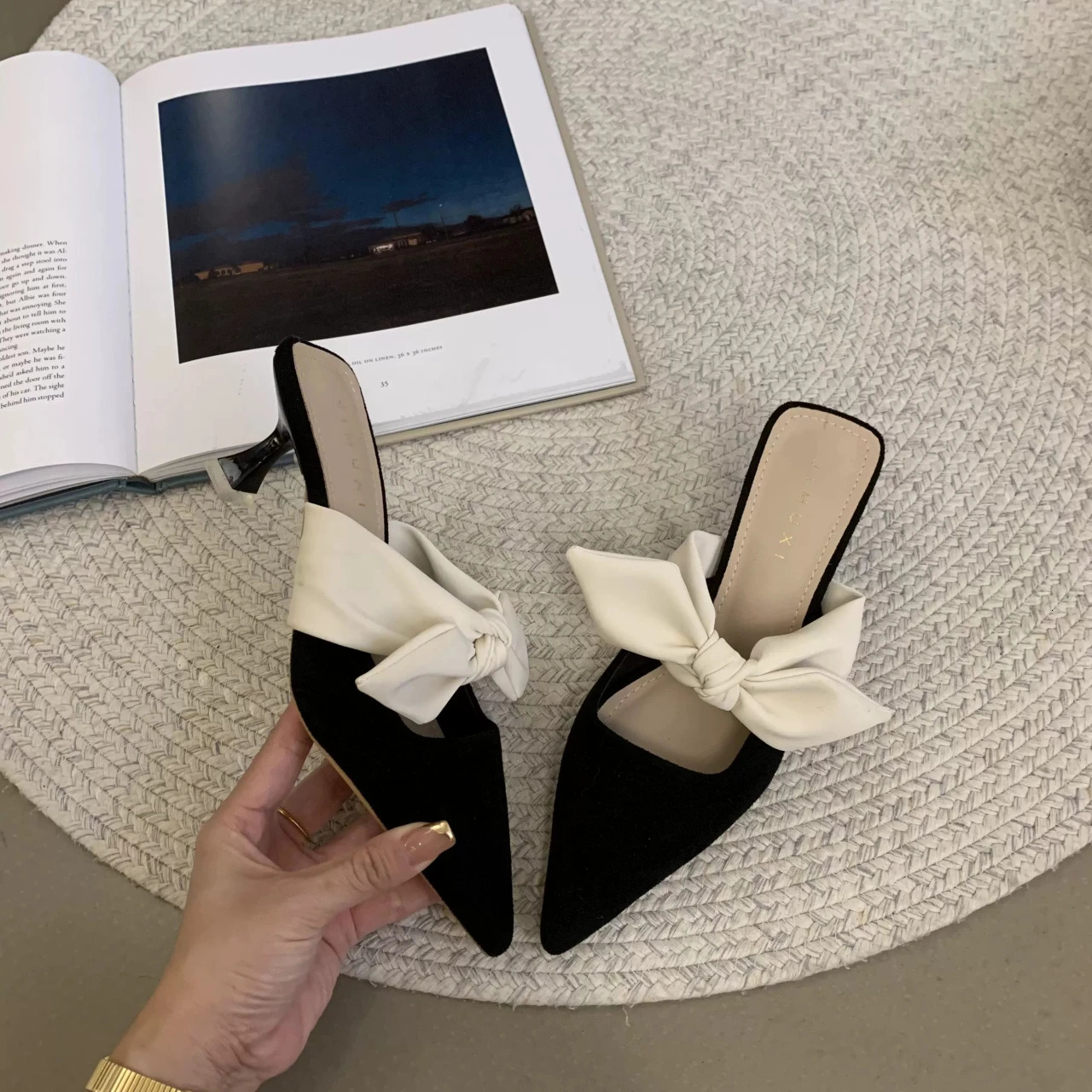 2024 Summer Womens Pointed Toe High Heels Sandals Bow Fashion Flower Womens Shoes Straps Womens Slippers 241024