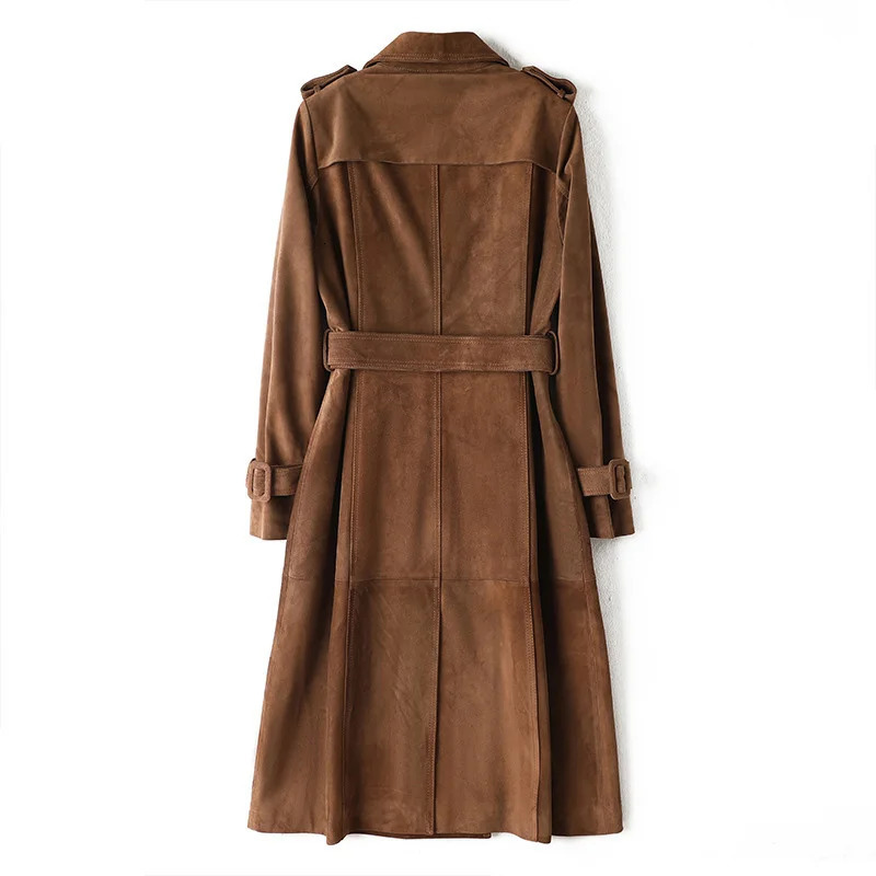 100% leather jacket with length autumn and winter office womens windproof trench coat suede coat 241024
