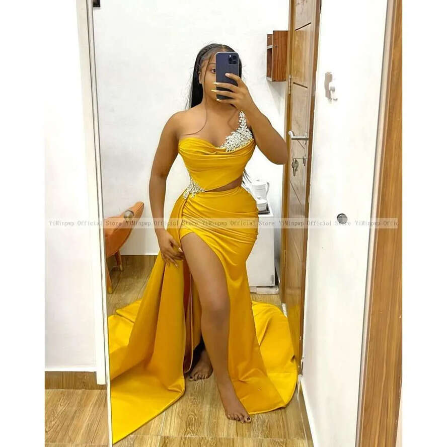 Prom New Mermaid Dresses For Black Girls One Shoulder Corsert Back Thigh High Slits Appliques Beads Africa Women Party Gowns