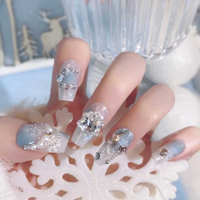 Powder blusher pink false nail bow knot diamond pearl 3D design pressing nail tip harmless smooth edge nail female DIY false nail W250410