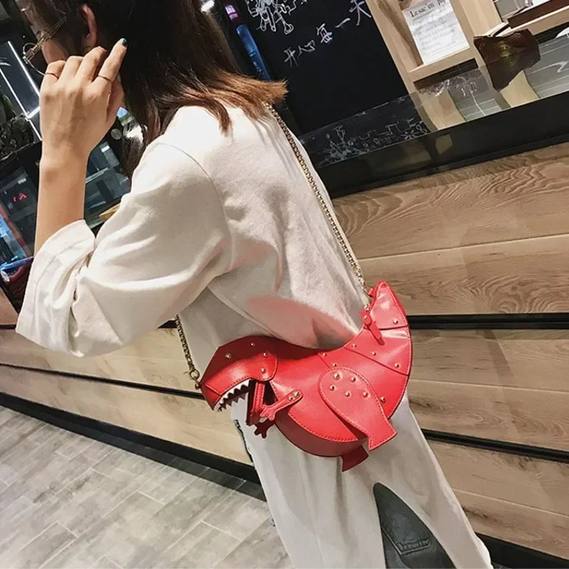 Trend Fashion 3D Dinosaur n Rivets Pu Leather Girls Chain Purse Shoulder Bag Tote Ladies Crossbody Mini Messenger Flap 241021