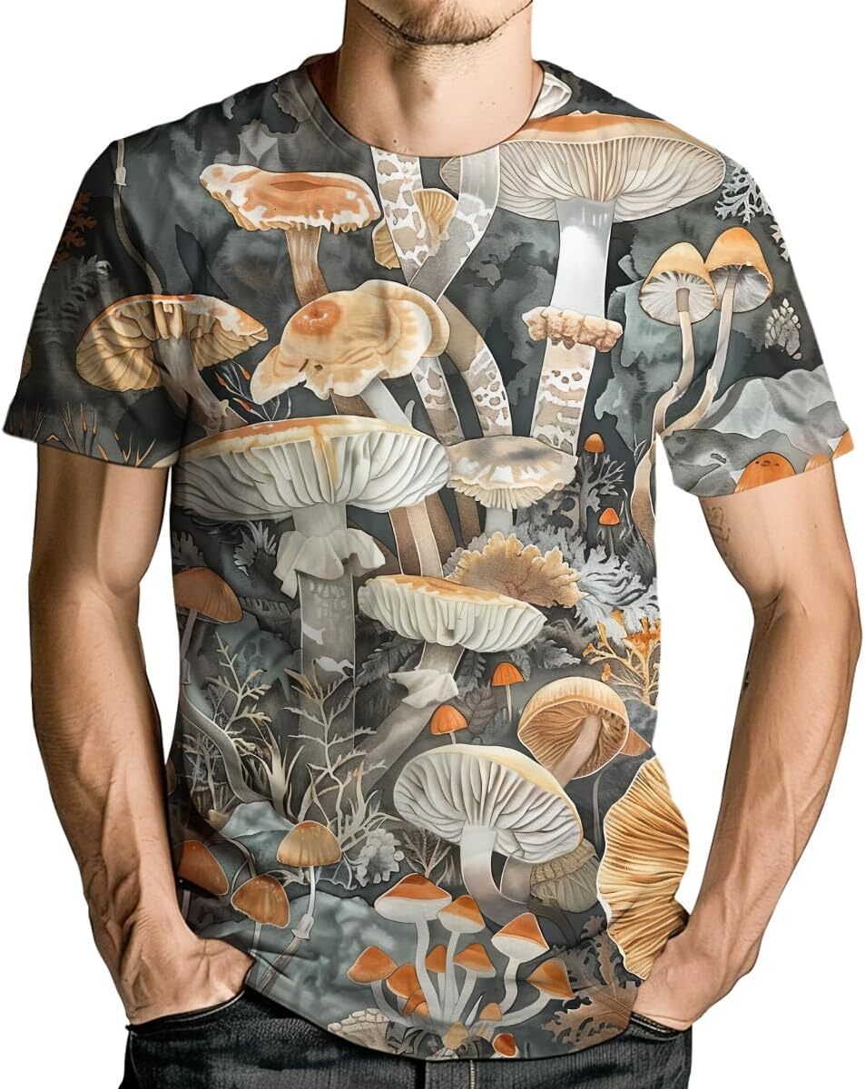 Mens T shirt Men's Colorful Fluorescence Mushroom Print Short Sleeve T-Shirt Novelty Graphic Tee Shirts tee Casual tops summer clothes