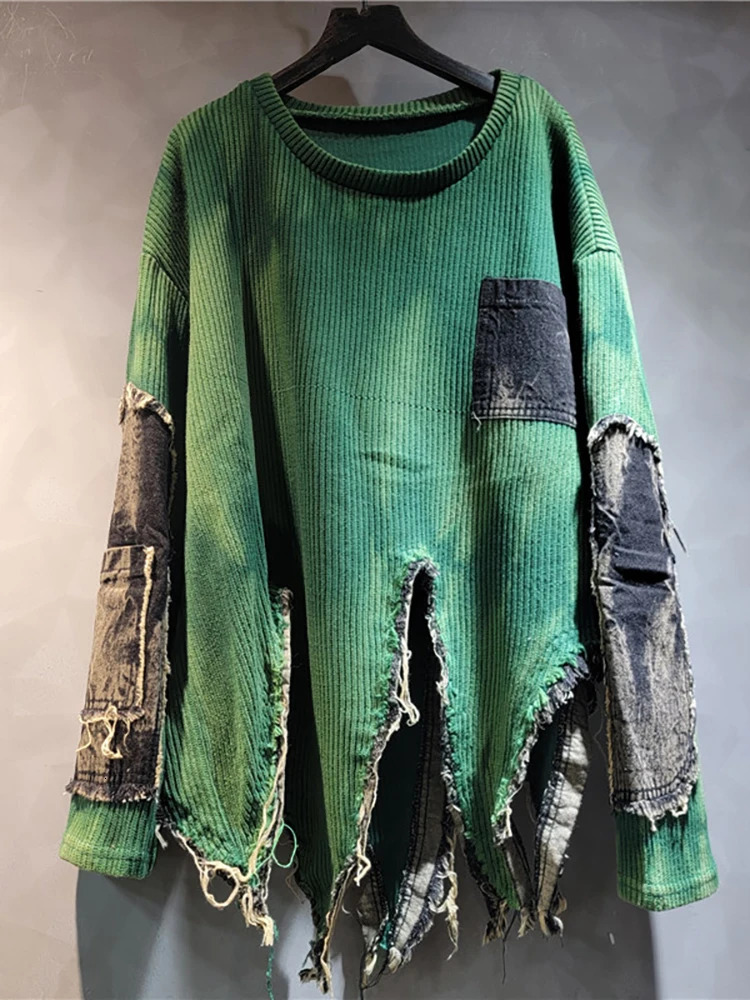 DEAT Womens Pullover Long Sleeve Tiedye Irregular Do Old Patchwork Vintage Loose Denim Sweater 2024 Autumn Fashion 29L8194 241025