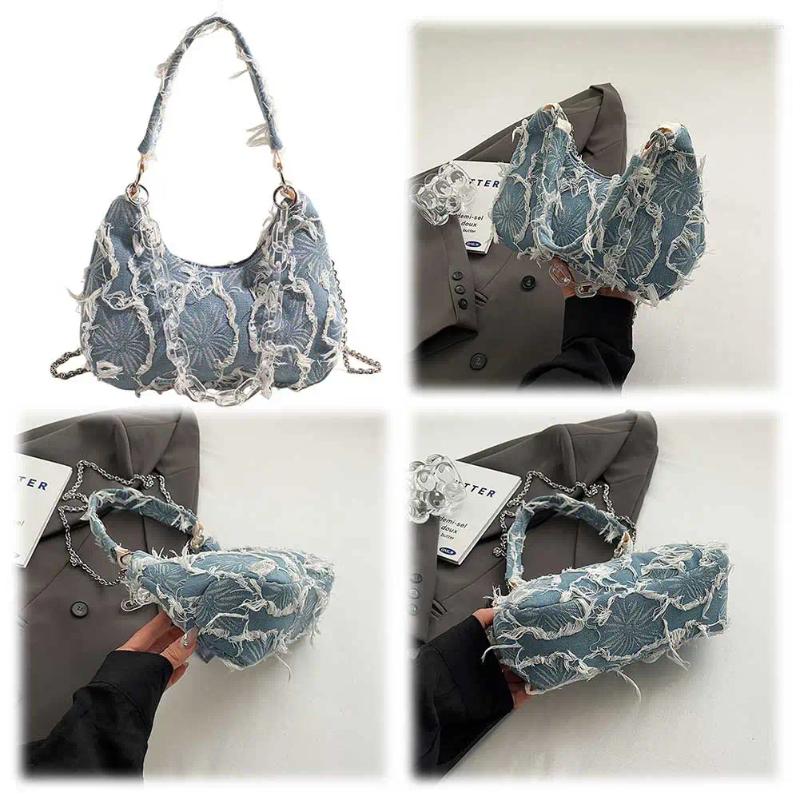 Drawstring Women Fashion Shoulder Bag Large Capacity Denim Underarm Top Handle Chain Strap Simple Satchel Purse For Outdoor Travel 7f1c