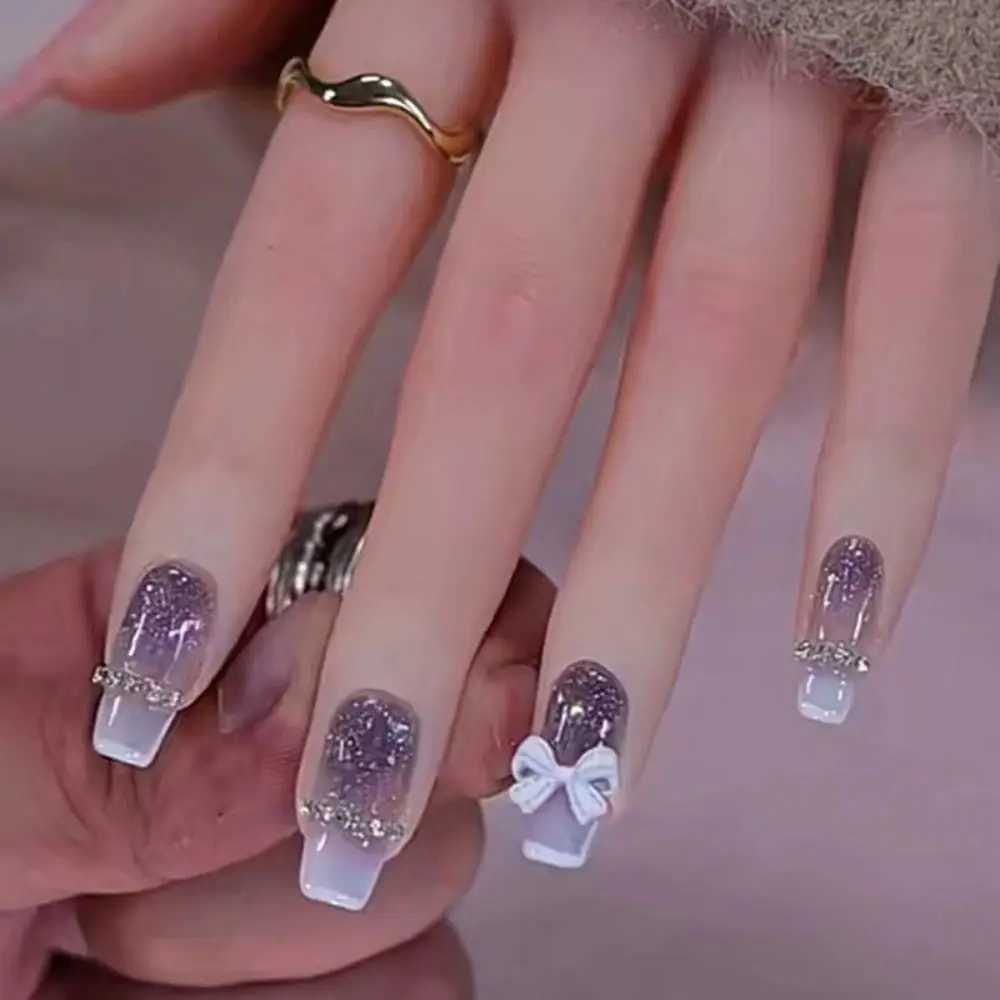 24 pieces pressed onto wearable fake nails pink gradient shimmer butterfly rhinestone fake nails fully covered acrylic nail tips W250410