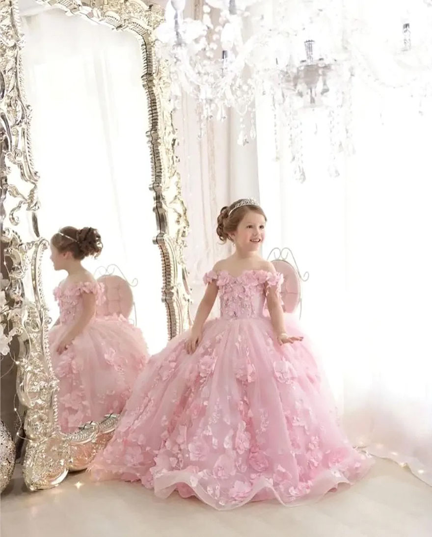 Princess Pink wer Girl Dresses Elegant Off Shoulder Lace Appliques Hand Made wers Formal Kids Birthday Party Gowns Toddler Pageant Dress