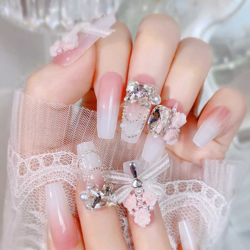 Powder blusher pink false nail bow knot diamond pearl 3D design pressing nail tip harmless smooth edge nail female DIY false nail W250410