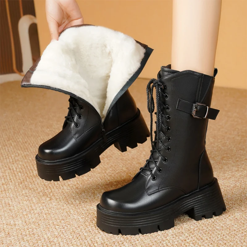 Snow Boots Female Genuine Leather New High Heel Platform Women Ankle Boots British Style Natural Wool Warm Women Winter Boots