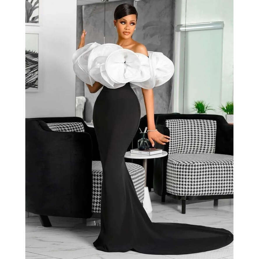 The Off Sexy Shoulder Evening Gown Elegant Black Feather Mermaid Dresses Pleated Neck Sweep Or Prom Dress Formal