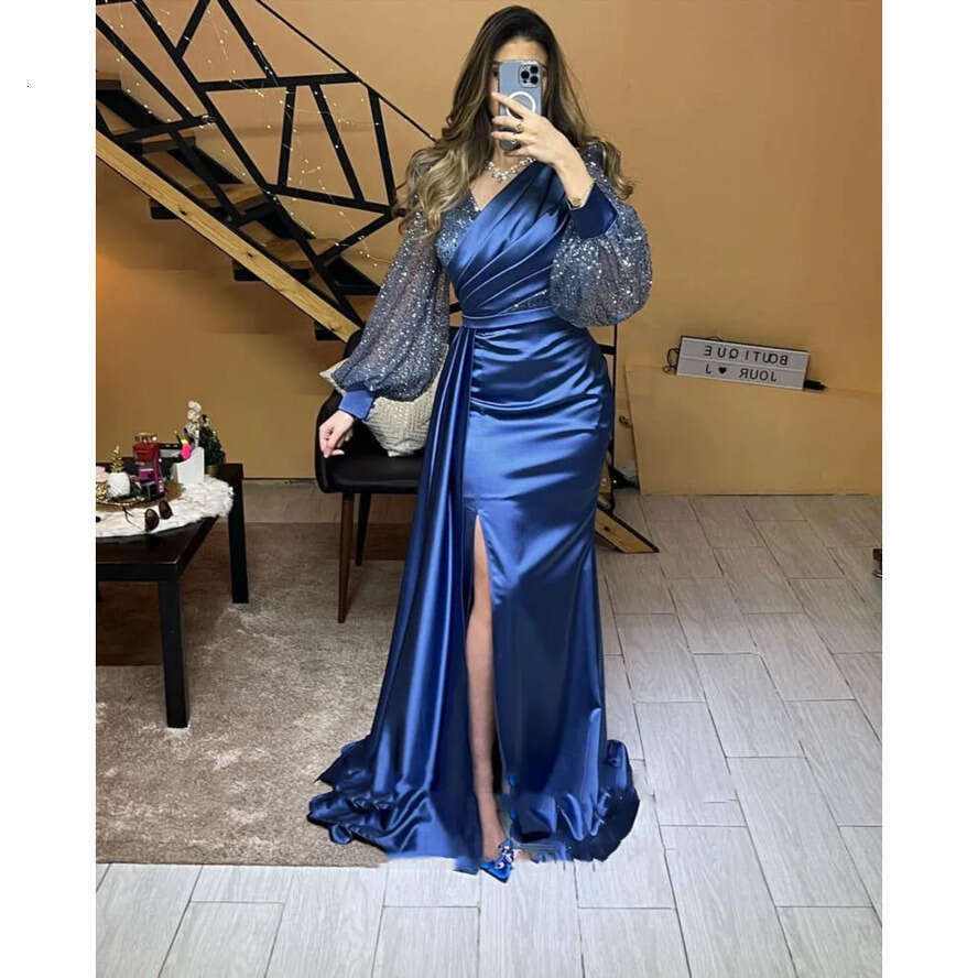 Dresses Navy Evening Party Sexy Women V Neck Long Sleeve Mermaid Satin Arab Fashion Celebrity Gowns Robe De 0218