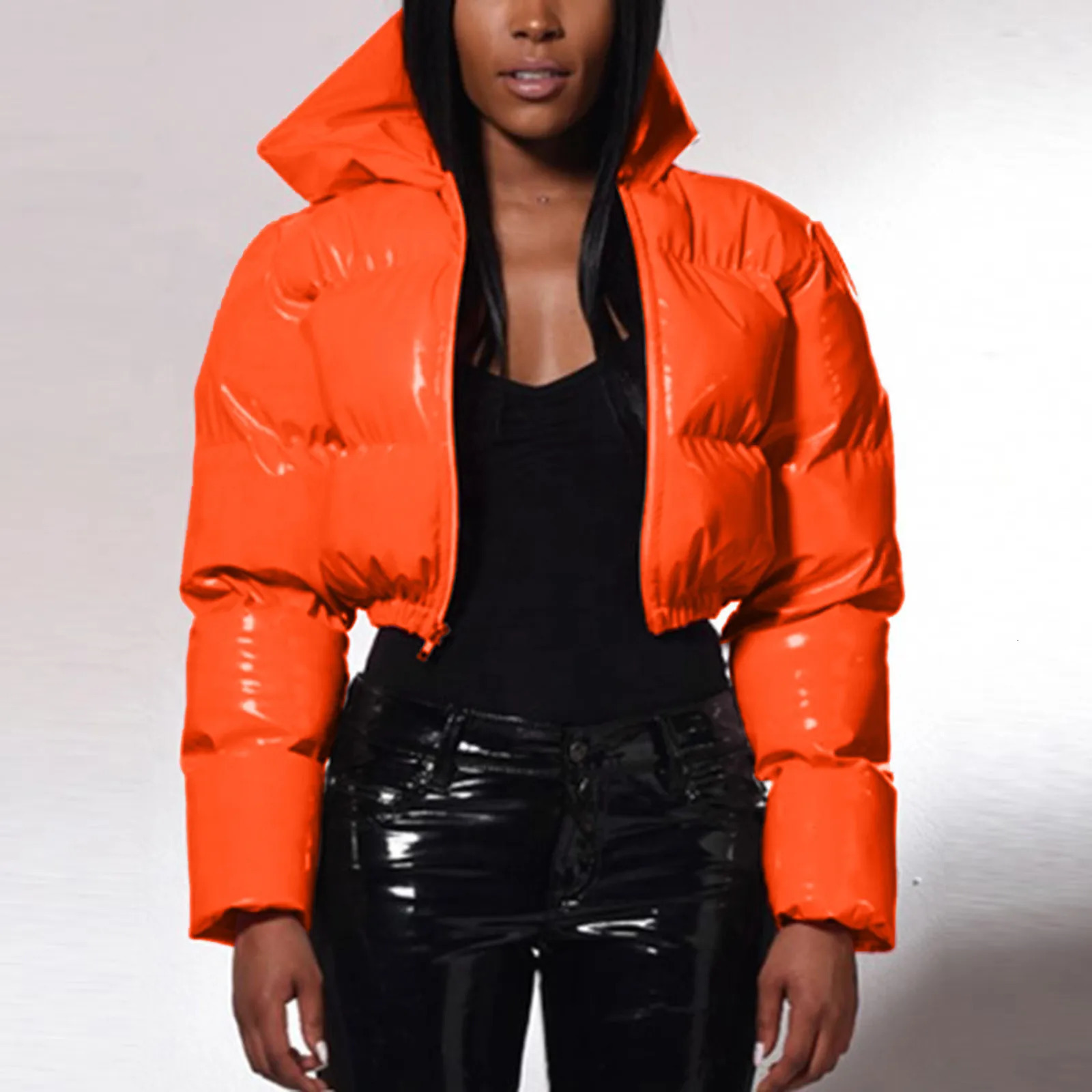 Ladies Short Shiny Padded Hooded Jacket Warm Parkas Solid Bread Coat Puffer Outwear L5 241025
