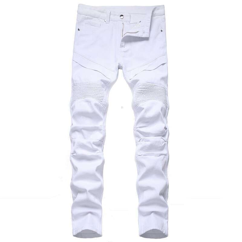 Men White Skinny Plus Size 28-42 New European American Slim Fit Fold Trend Motorcycle Biker Jeans Denim Pants (No Belt)