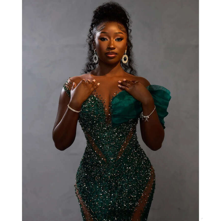 African Nigeria Plus Size Prom Black Women Illusion Sheer Neck Mermaid Short Sleeves Sequined Lace Evening Dresses Formal Dress For Birthday Girls 092