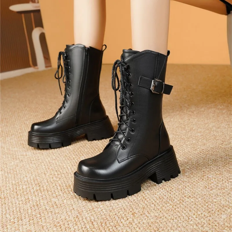 Snow Boots Female Genuine Leather New High Heel Platform Women Ankle Boots British Style Natural Wool Warm Women Winter Boots