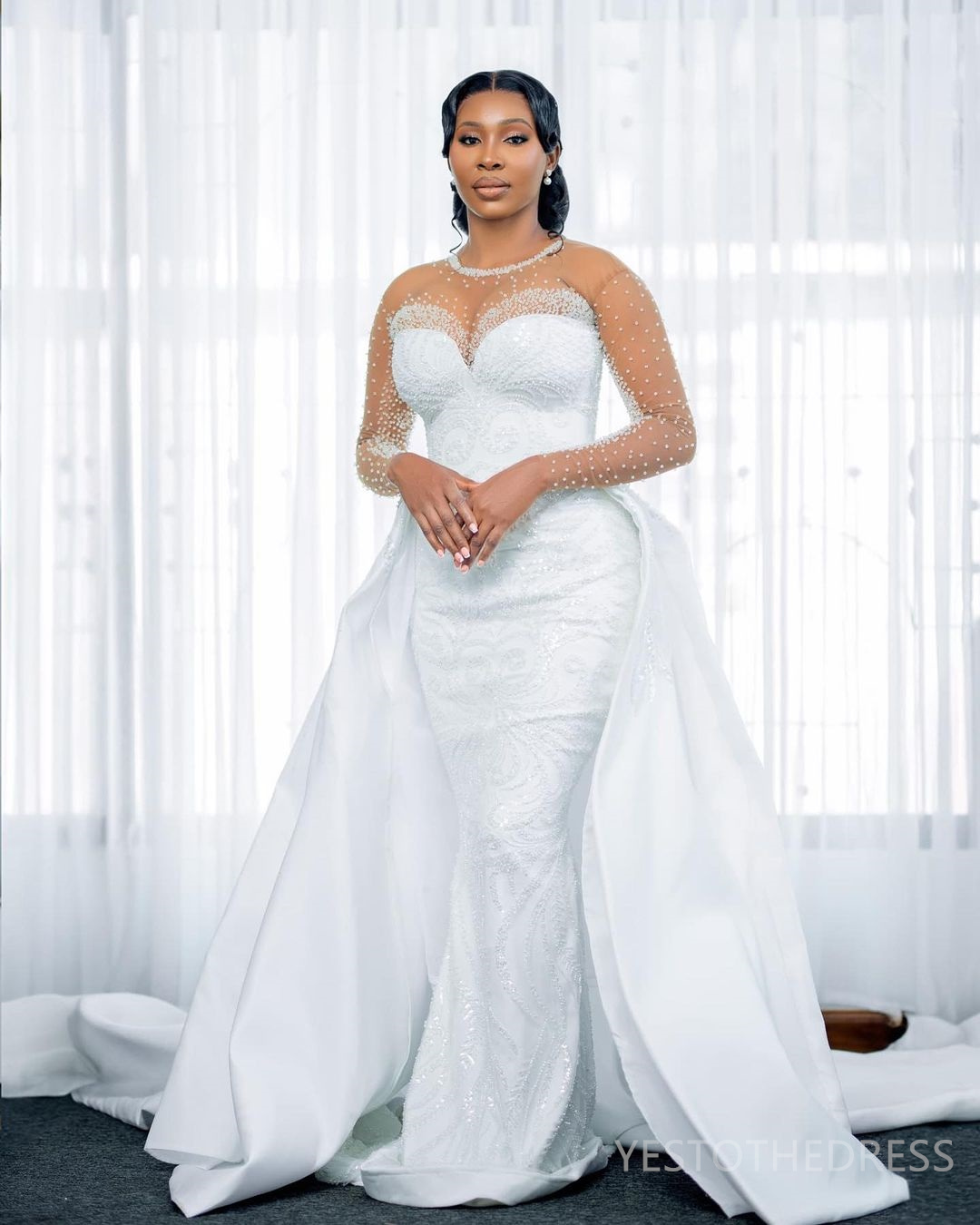 2025 Plus Size African Wedding Dress Bridal Gowns For Bride Detachable Train Sheer Neck Long Sleeves Illusion Nigeria Wedding Gowns For Black Women D3