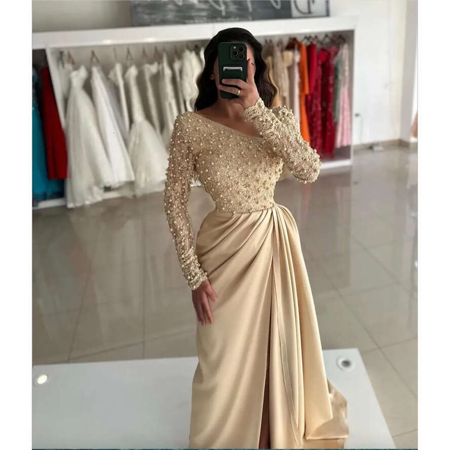 Pearls Evening Gorgeous Elegant V Neck Long Sleeves Prom Dress Split Vestidos De Gala Pleats Side Train Formal Dresses For Women Estidos Es