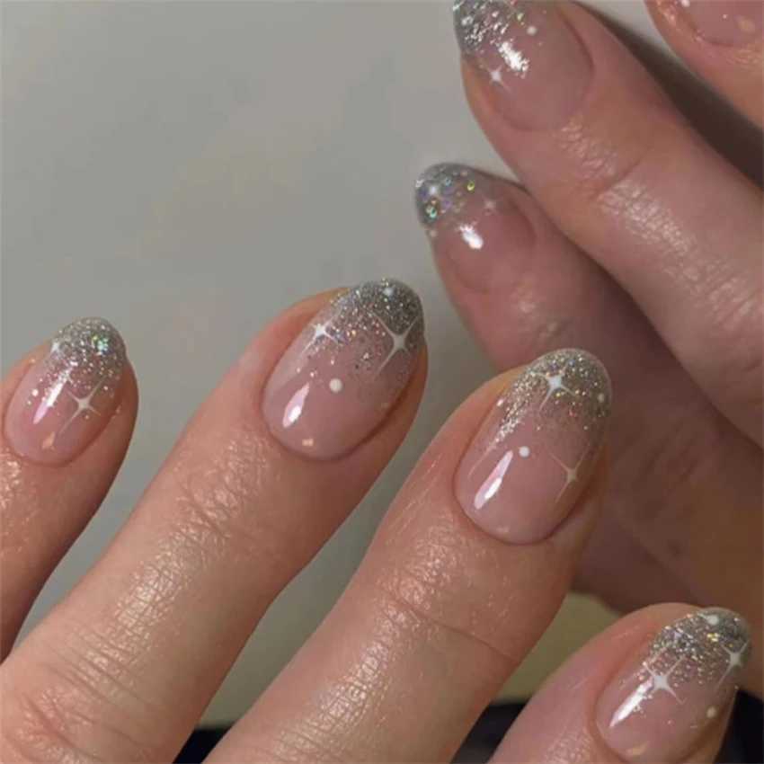 24Pcs small flower design almond perforated fake nails blue and white oval acrylic nail machine detachable human fake nails W250410