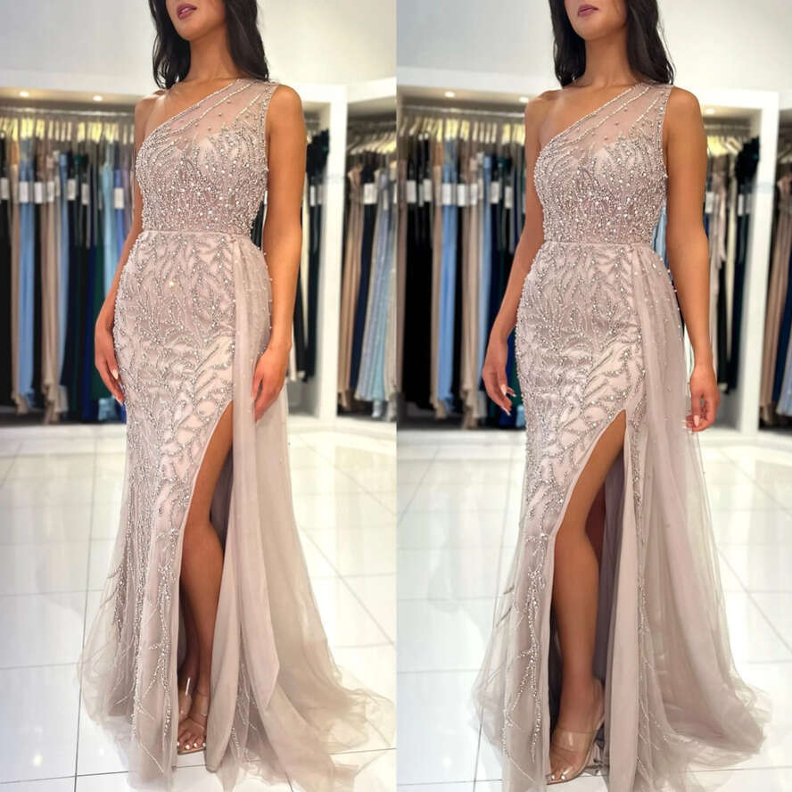 Crystal One Shoulder Mermaid Prom Dress Beading Formal Evening Elegant Split Dresses For Special Ocns Or Length Robe De Soiree Es