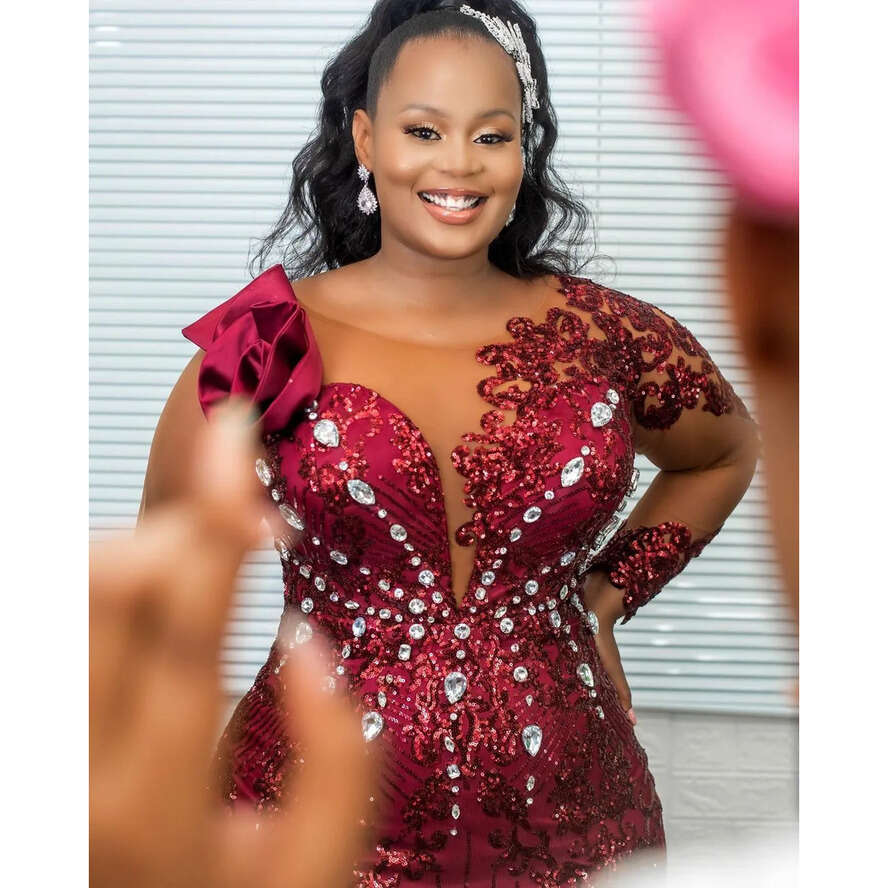 Arabic Plus Size Aso Ebi Bury Urious Mermaid Prom Dresses Crystals Sheer Neck Evening Formal Party Second Reception Birthday Engagement Gowns Dress