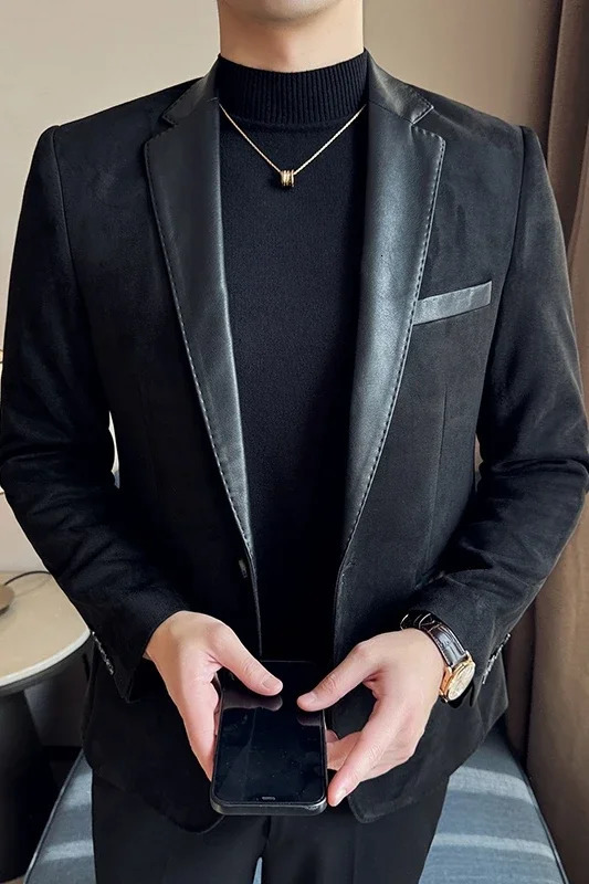 Mens Suede Set Jacket Korean Fashion PU Splicing Casual Business Jacket Masculino Office Social Dress Jacket Mens Wear 241024 - view 7