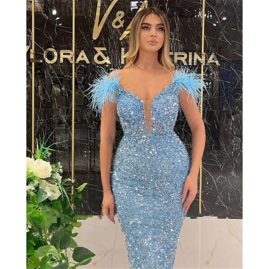 Champagne Sequins Sparkly Tea Length Evening Dresses Sheath Feather V Neck Short Prom Dress Glitter Pageant Party Gowns For Women Girls Special Ocn We