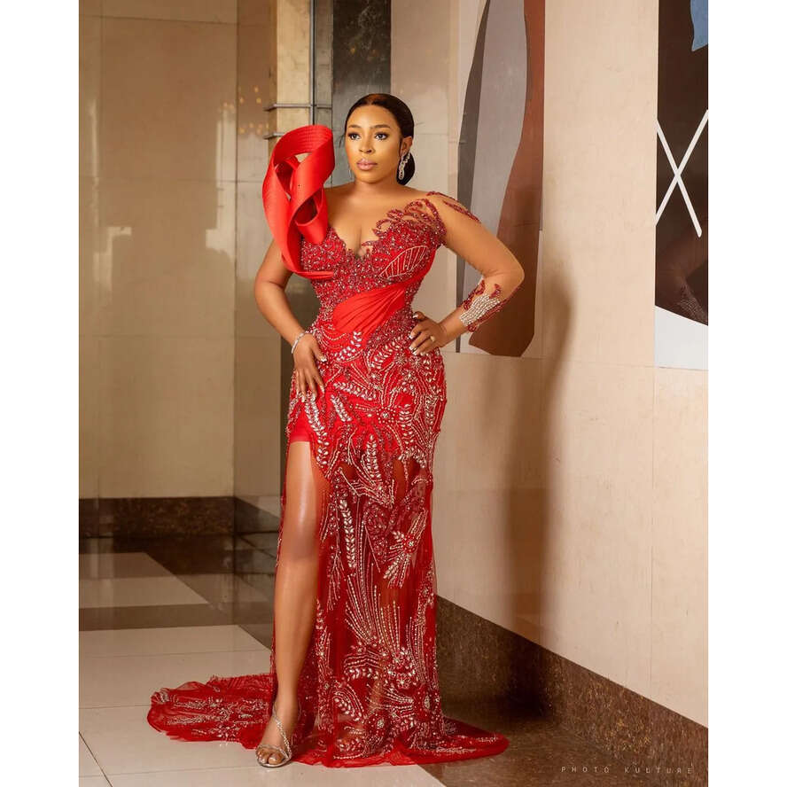 Plus Arabic Size Aso Ebi Red Mermaid Urious Prom Dresses Sheer Neck Evening Formal Party Second Reception Birthday Engagement Gowns Dress ZJ