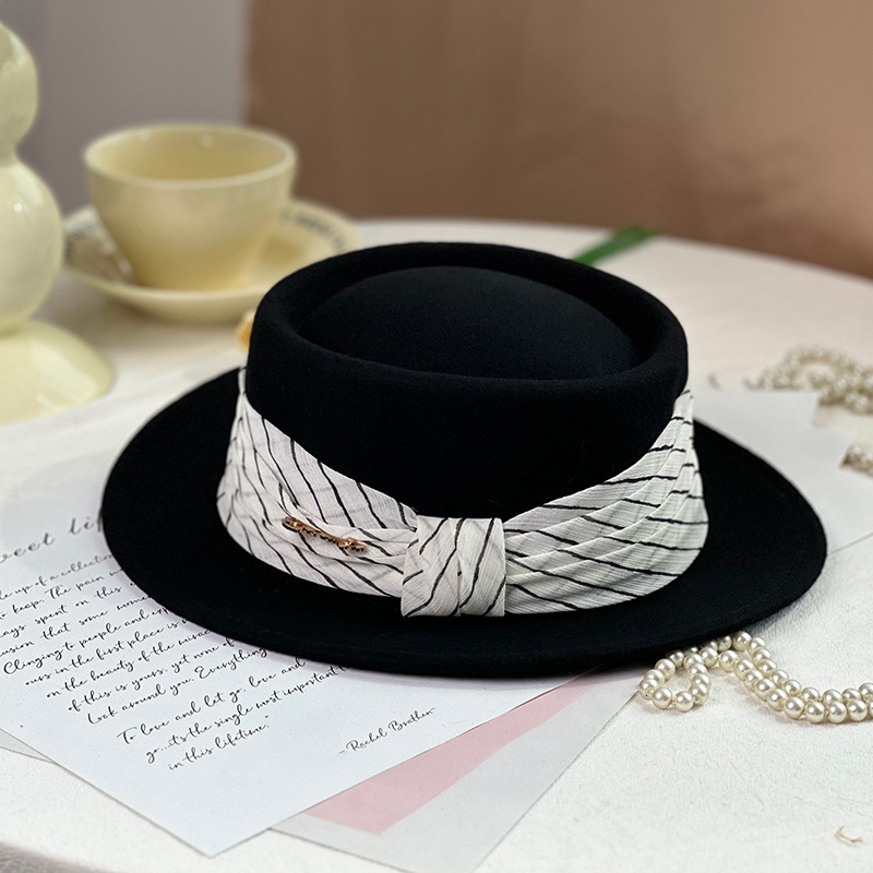 Concave autumn winter high-end counter quality wide brim elegant and fashionable felt flat top hat