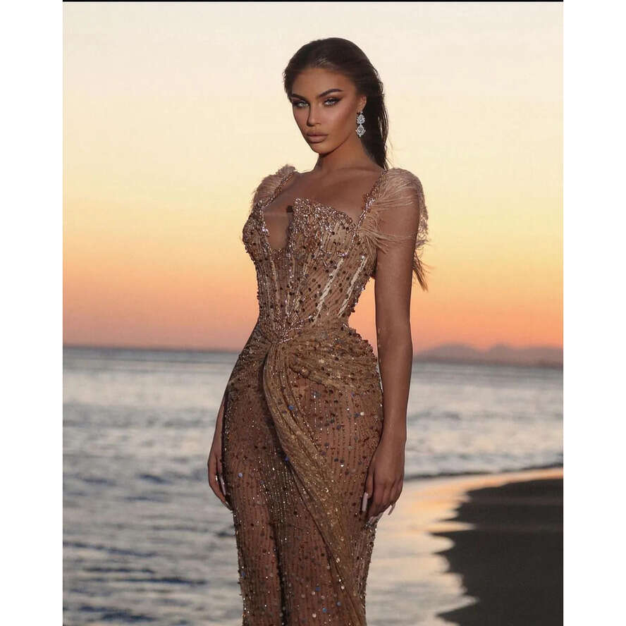 Straps Feathers Spaghetti Prom Illusion Sleeveless Sequined Party Dresses Ruched Or Length Custom Made Evening Dress