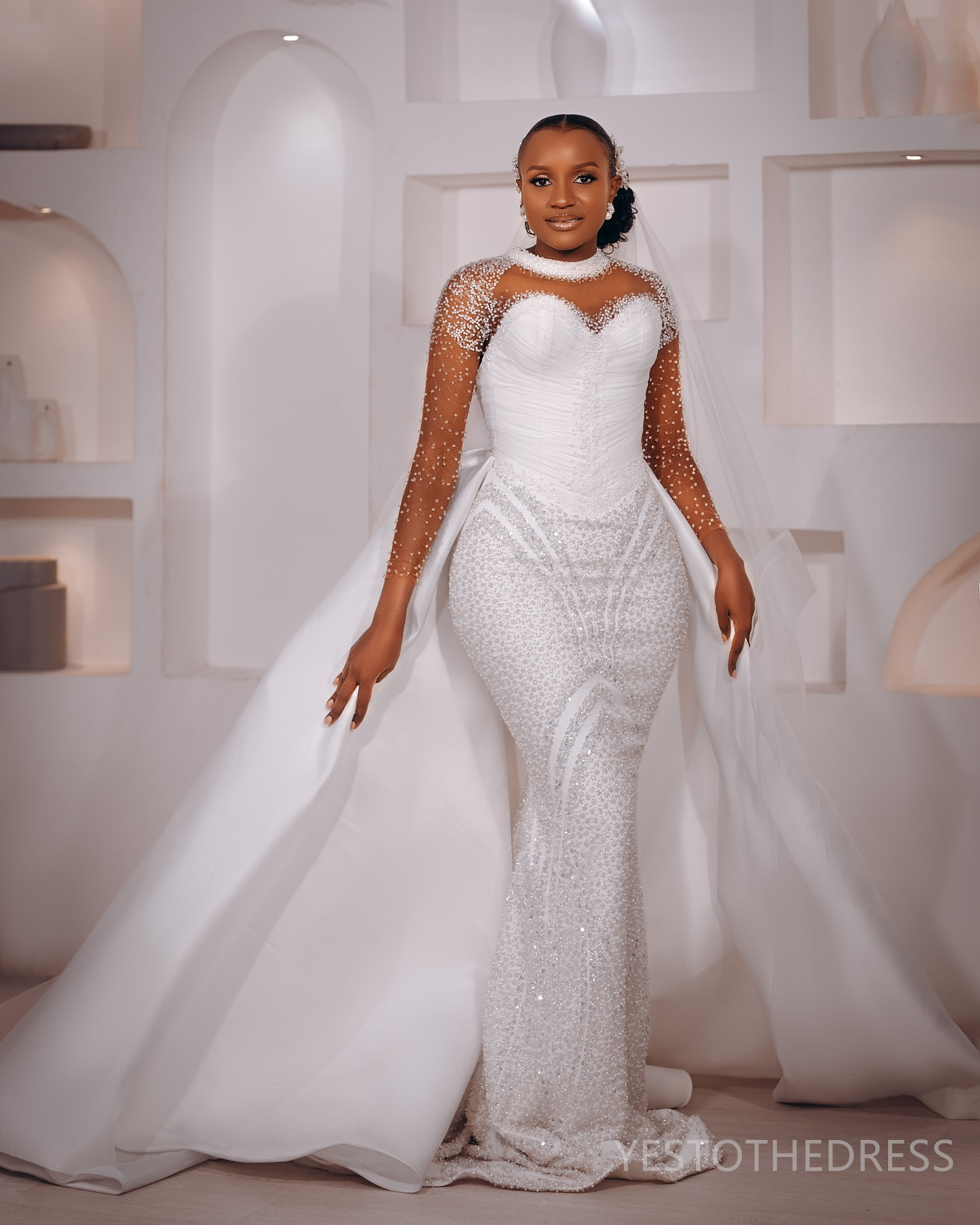 2025 Plus Size African Wedding Dress For Bride Bridal Gowns Detachable Train Illusion Mermaid Long Sleeves Sheer Neck Beaded Lace Wedding Gowns For Bl