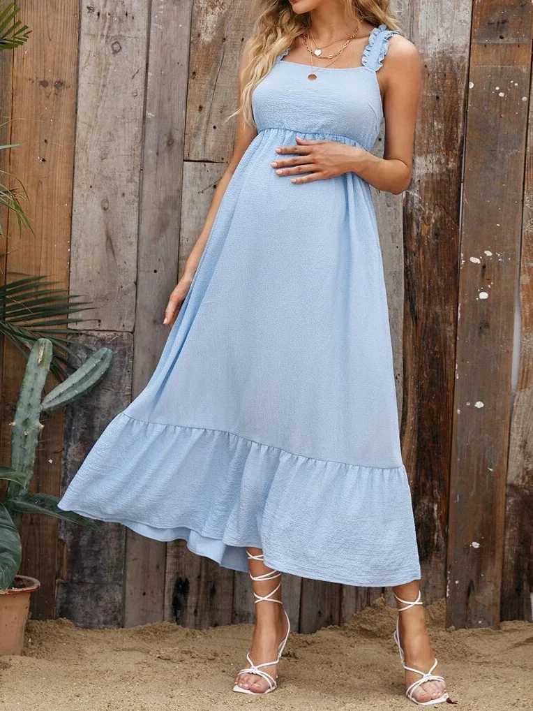 Summer New Bow Ruffle Womens Maxi Swinging Belt Dress Comfortable Solid Color Suitable for Pregnant Women Skiing W241026