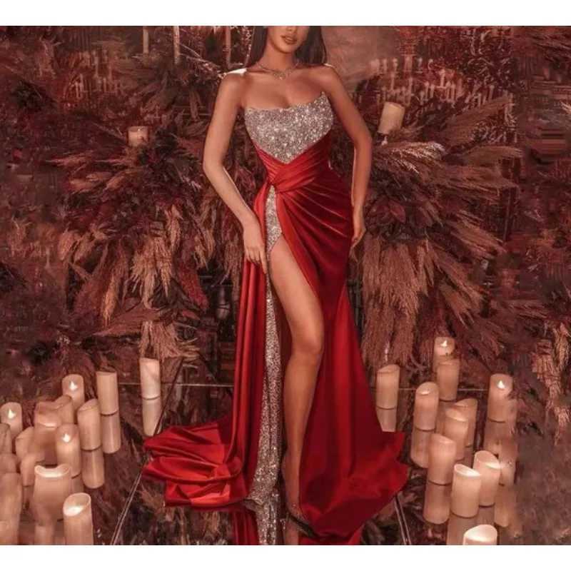 2025 Spring Summer Sequined Split plus-Sized Long Dress Sexy off-the-Shoulder Tube Top Large Swing Dress Evening Dress