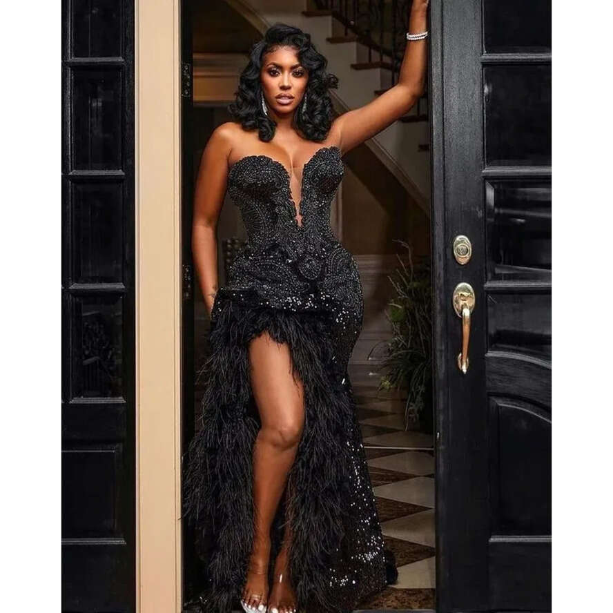 Plus Arabic Size Aso Ebi Black Urious Mermaid Prom Dresses Beaded Crystals Feather Sequined Formal Evening Party Second Reception Gowns ZJ