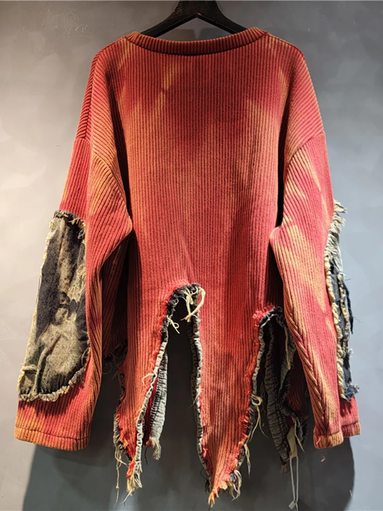 DEAT Womens Pullover Long Sleeve Tiedye Irregular Do Old Patchwork Vintage Loose Denim Sweater 2024 Autumn Fashion 29L8194 241025