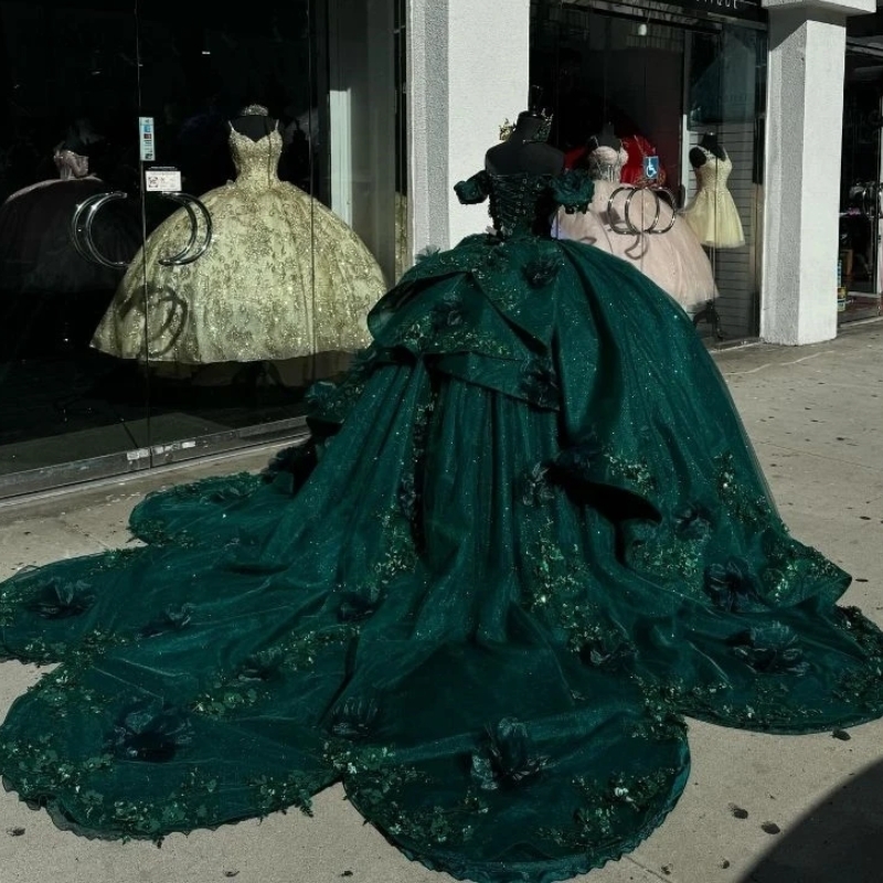 Emerald Green Shiny Quinceanera Dresses Ball Gown 3D ral Applique Beads Crystal Tiered Corset Sweet 16 Dress Vestidos De XV 15 Anos