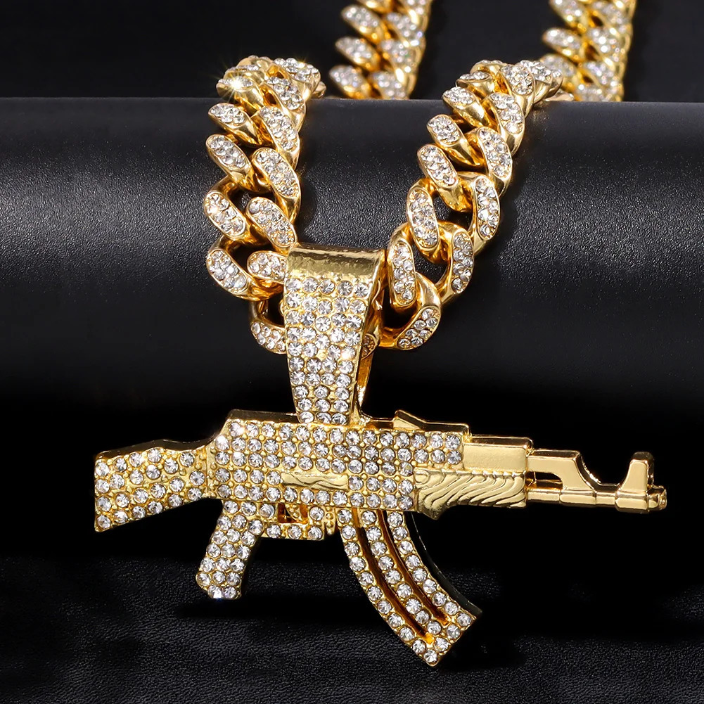 Hip Hop Mens AK47 Submachine Gun Pendant Necklace Gold Silver Ice Crystal Cuban Chain Necklace Jewelry 241025