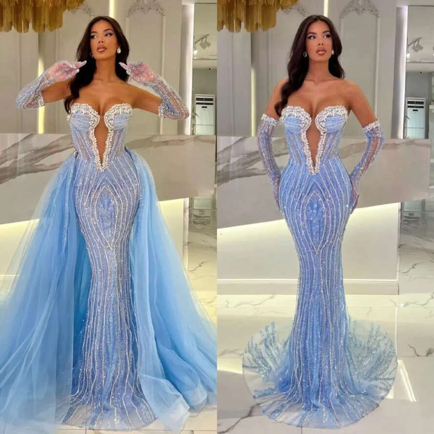 Crystal Baby Blue Mermaid Evening Elegant With Detachable Train Illusion Sweetheart Beaded Prom Dress Formal Dresses For Women Es