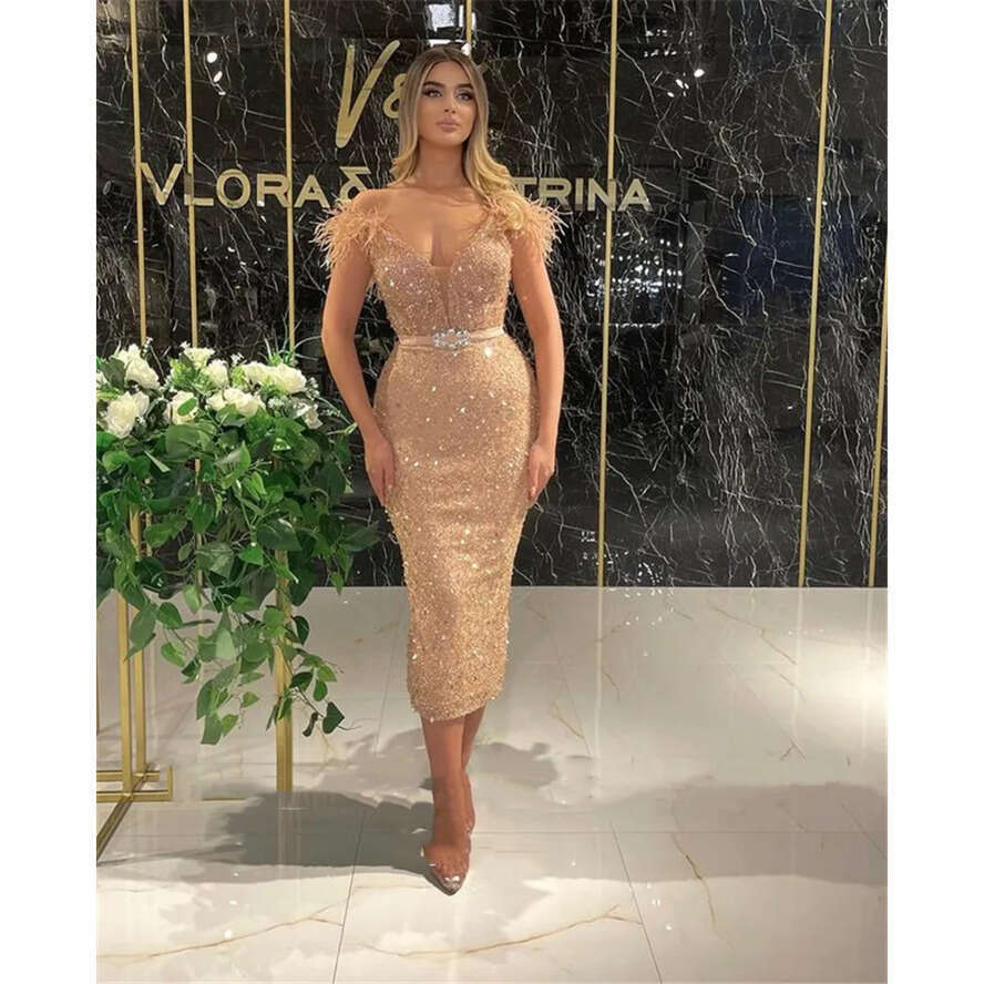 Champagne Sequins Sparkly Tea Length Evening Dresses Sheath Feather V Neck Short Prom Dress Glitter Pageant Party Gowns For Women Girls Special Ocn We