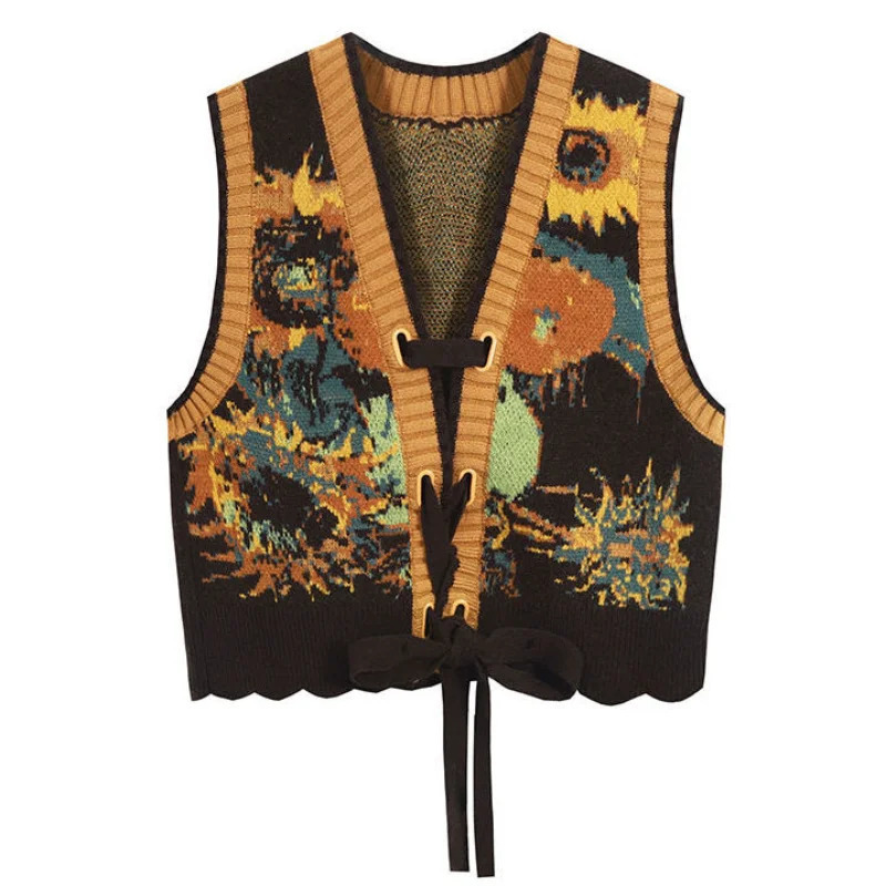 Vintage Sweater Vest Harajuku Print Sleeveless Knitted Waistcoat Streetwear Korean Cropped Bandage Knitwear Tank Top 241017