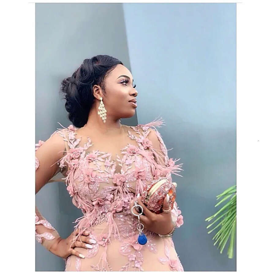 Size Feather Plus Aso Ebi Mermaid Dresses Lace Appliques Long Sleeves Evening Dress Custom Made Or Length Party Gown