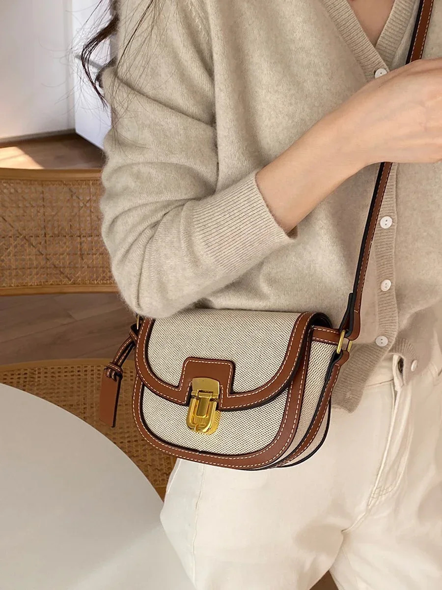 Comparison Panel Canvas Retro Single Shoulder Cross Saddle Bag Handbag 241025