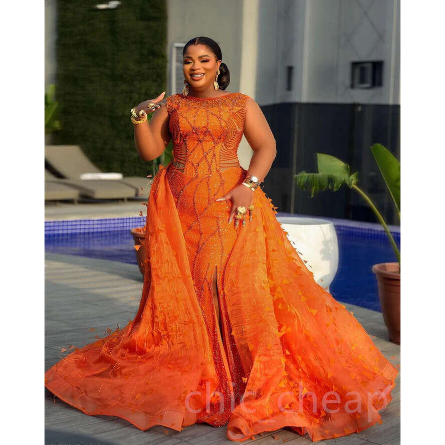 Aso Ebi Arabic Orange Mermaid Prom Dresses Beaded Crystals Urious Evening Formal Party Second Reception Birthday Engagement Gowns Dress ZJ