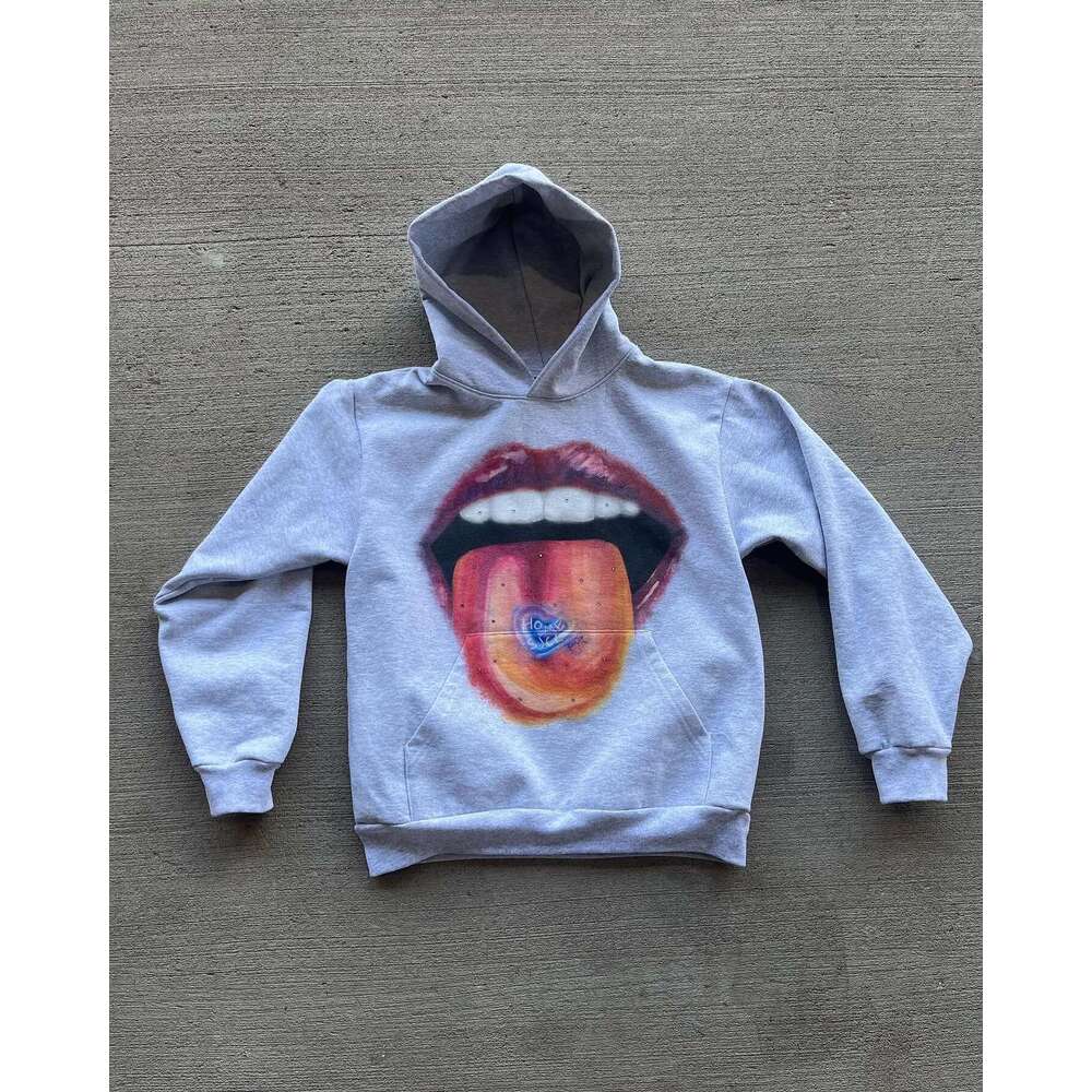 American Retro Tongue Printing Hooded Pure Cotton Sweatshirt Men s and Women Loose Top streetwear haikyuu Y K clothing promo