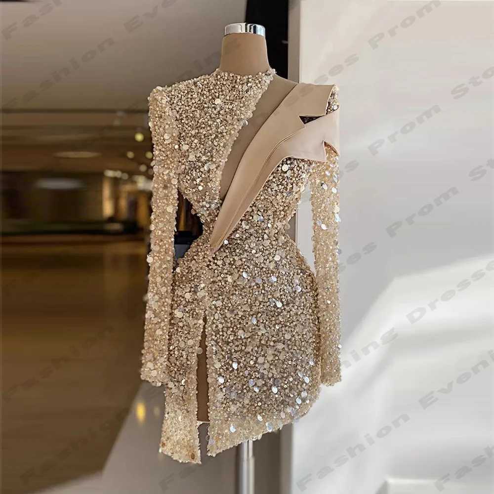 Luxurious Sparkling Short Evening Dresses For Women Fascinating Romantic Sexy High Necked Long Sved Luxury Party Prom GownsX241025
