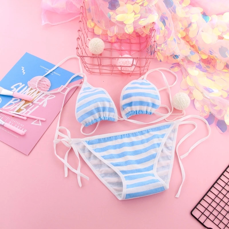 2025 New designer Japanese sexy girl Lolita Kawaii blue pink white striped trend mini bikini adult role playing women s bra lingerie set Frenum swimsu