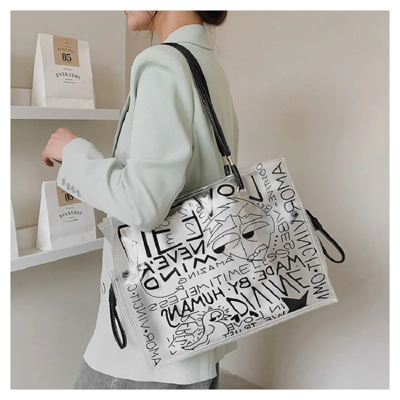 Ladies Graffiti Large Capacity Shoulder PVC Jelly Transparent Bag Fashion Beach Handbag 241024 3b06